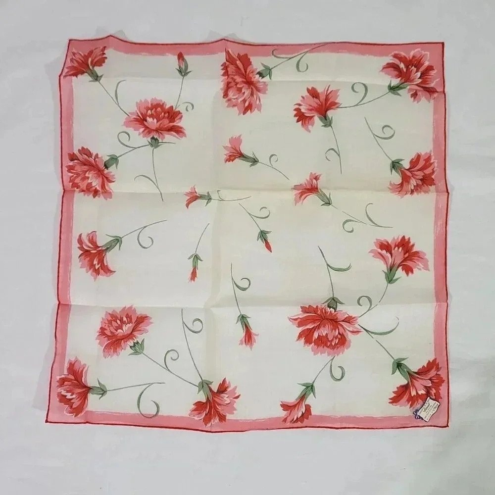 BURMEL Handkerchief of the Month Pink Red Flowers Seen in Vogue 15"